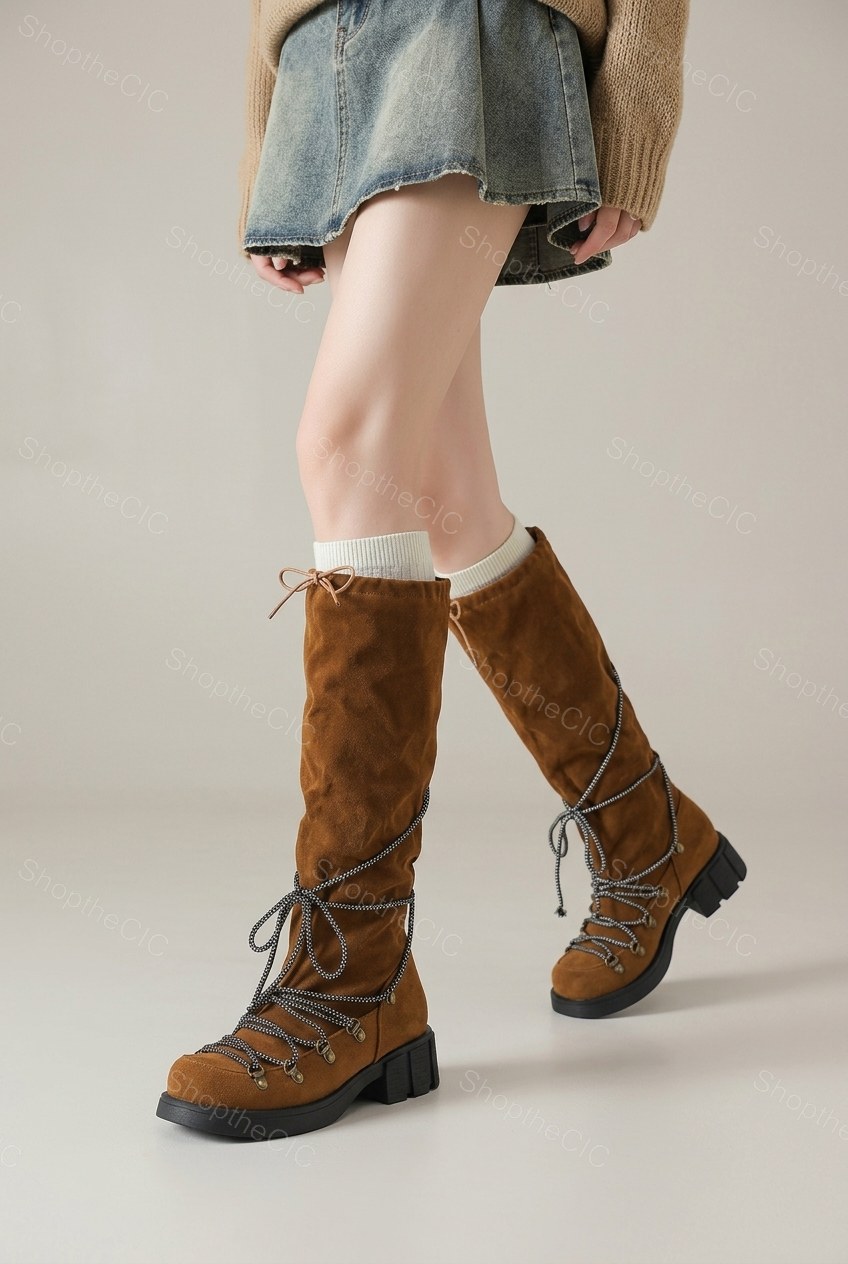 Suede Lace-Up Lug Sole Knee-High Boots