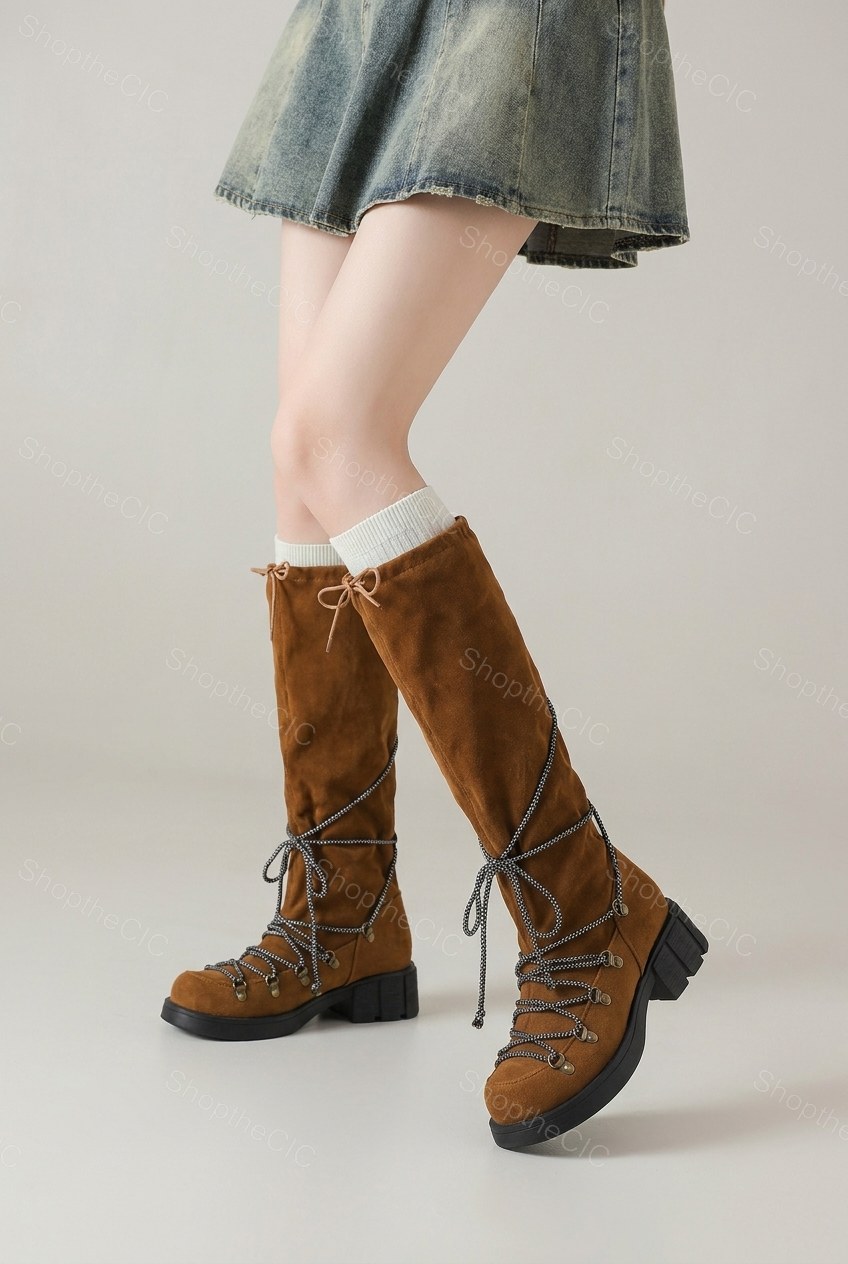 Suede Lace-Up Lug Sole Knee-High Boots