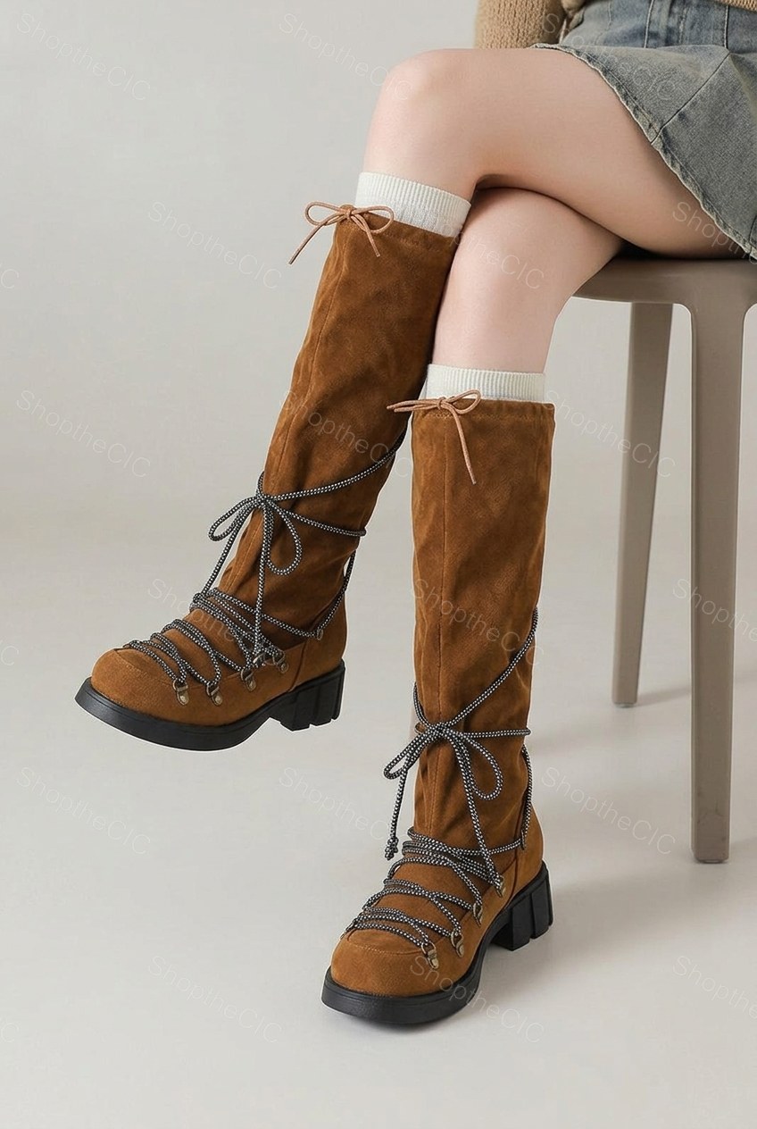 Suede Lace-Up Lug Sole Knee-High Boots