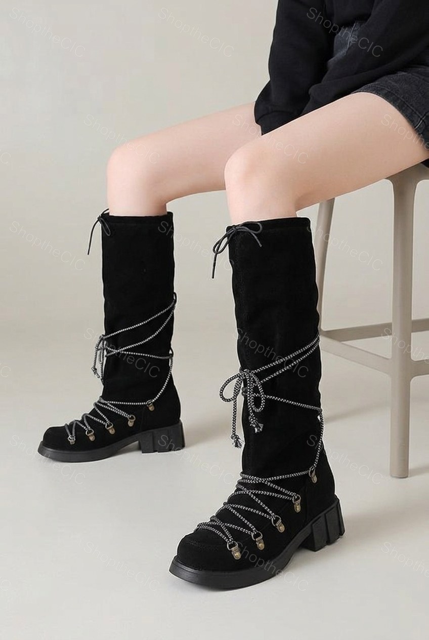 Suede Lace-Up Lug Sole Knee-High Boots