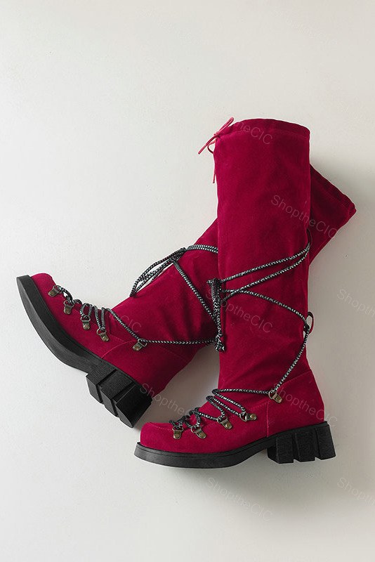 Suede Lace-Up Lug Sole Knee-High Boots