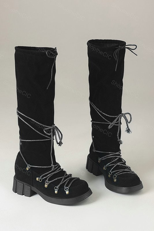 Suede Lace-Up Lug Sole Knee-High Boots