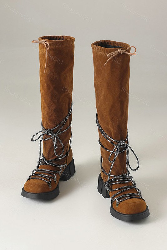 Suede Lace-Up Lug Sole Knee-High Boots