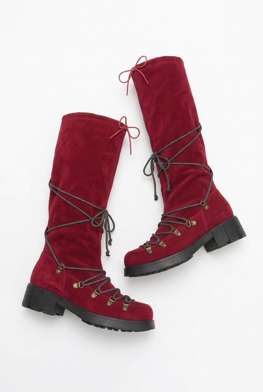 Suede Lace-Up Lug Sole Knee-High Boots