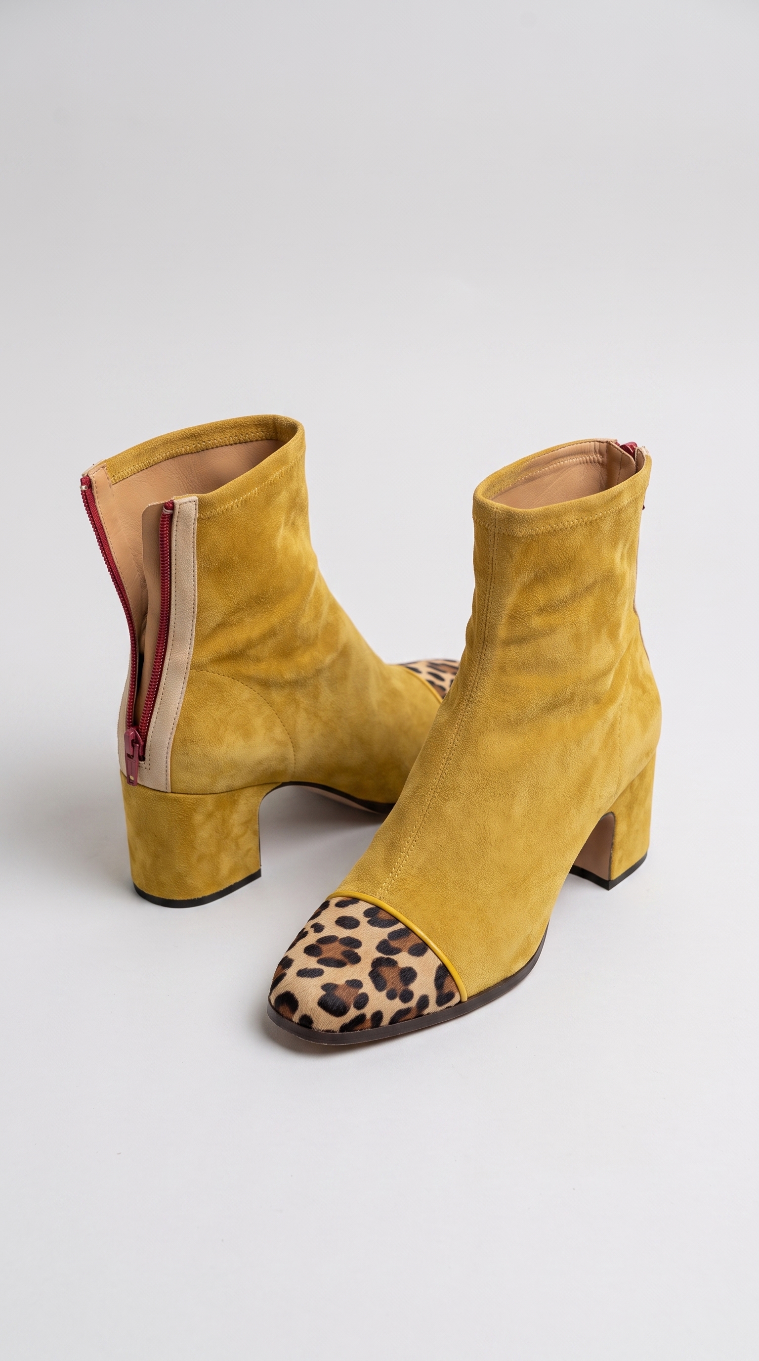 Suede Leopard Print Block Heel Ankle Boots with Zipper
