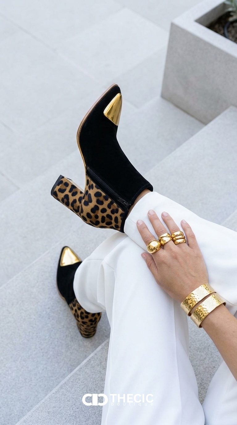 Suede Leopard Print Block Heel Gold Cap Ankle Boots