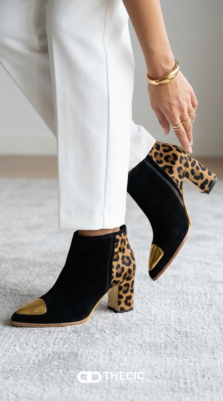 Suede Leopard Print Block Heel Gold Cap Ankle Boots