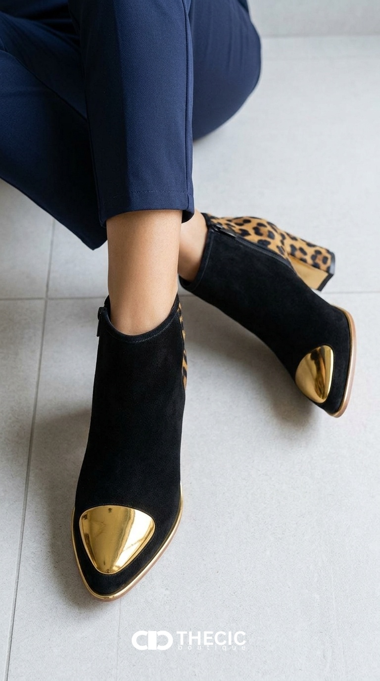 Suede Leopard Print Block Heel Gold Cap Ankle Boots