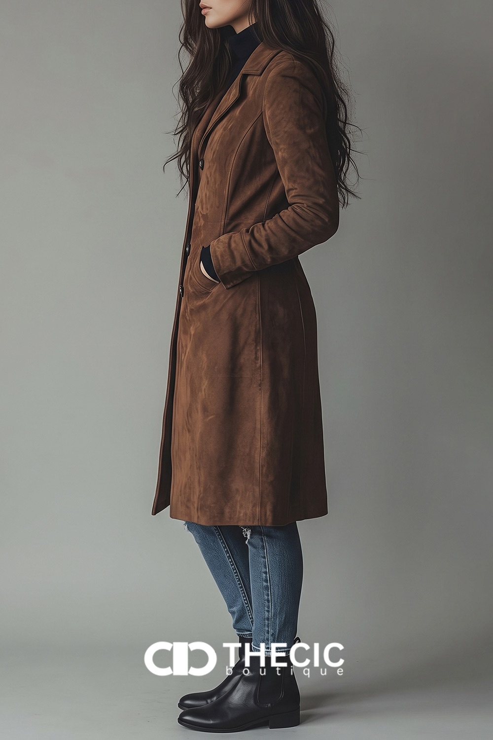 Suede Longline Tailored Button-Front Coat