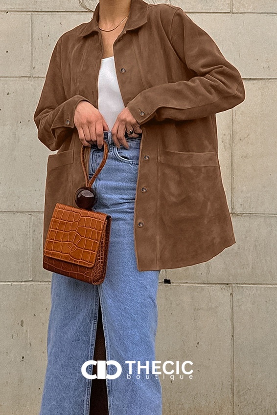 Suede-Look Button-Up Collared Shacket