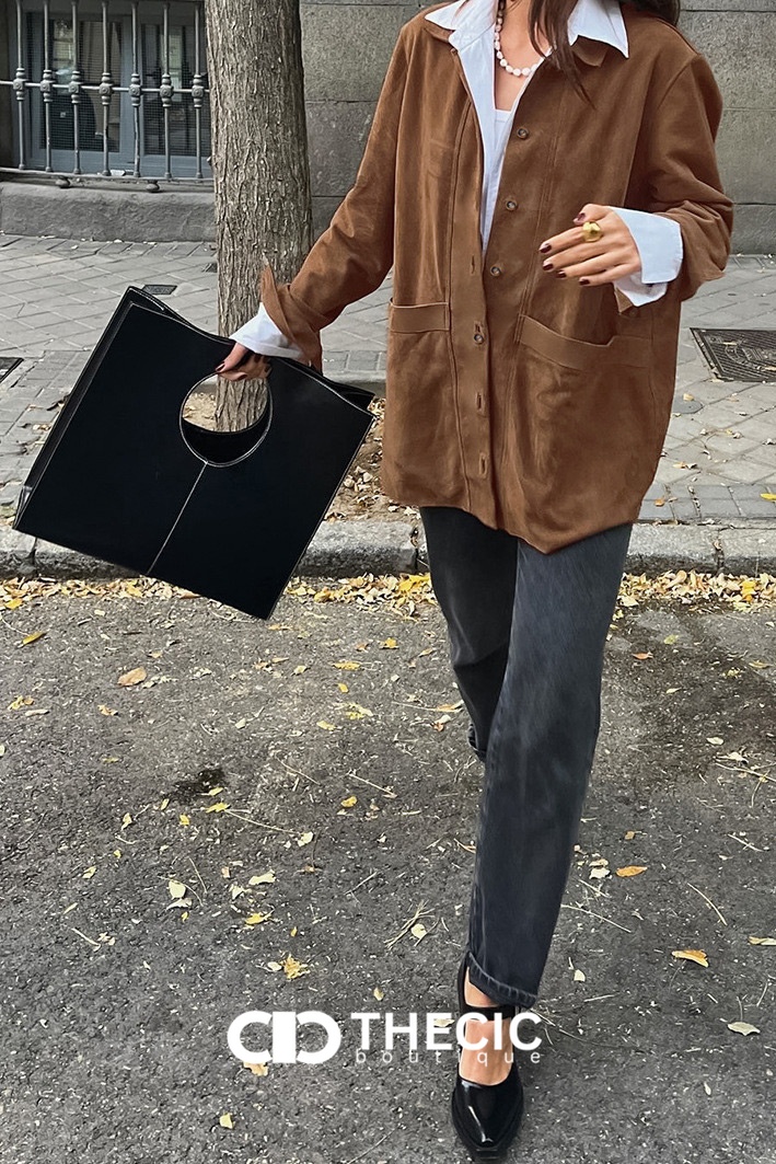 Suede-Look Button-Up Collared Shacket