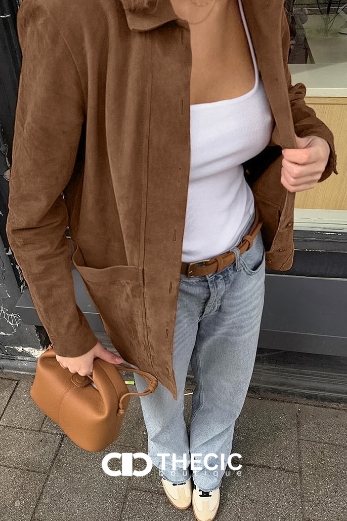 Suede-Look Button-Up Collared Shacket