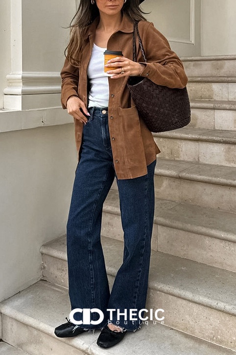 Suede-Look Button-Up Collared Shacket