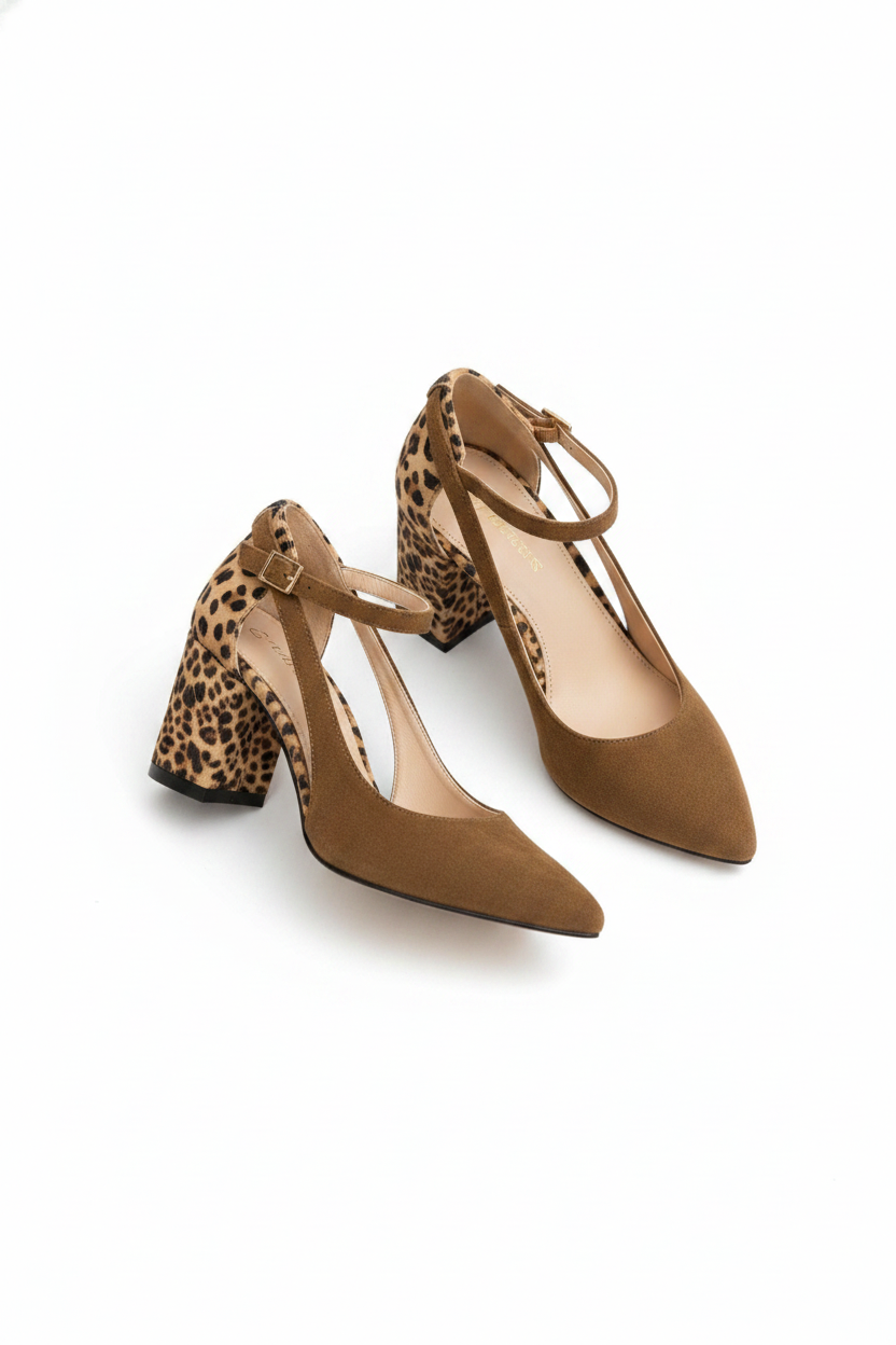 Suede Pointed-Toe Leopard Block Heel D'Orsay Pumps