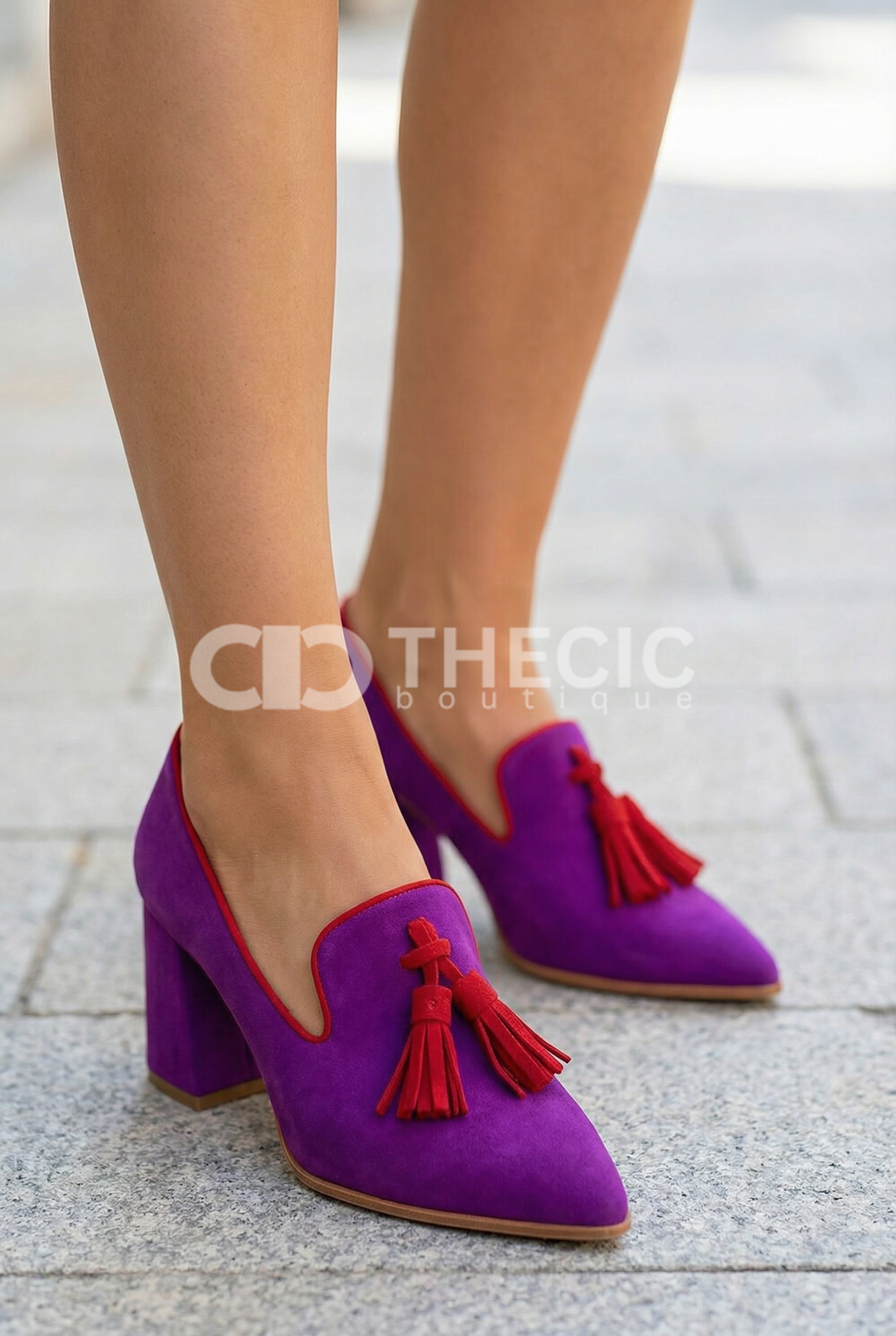 Suede Pointed-Toe Tassel Block Heel Pumps