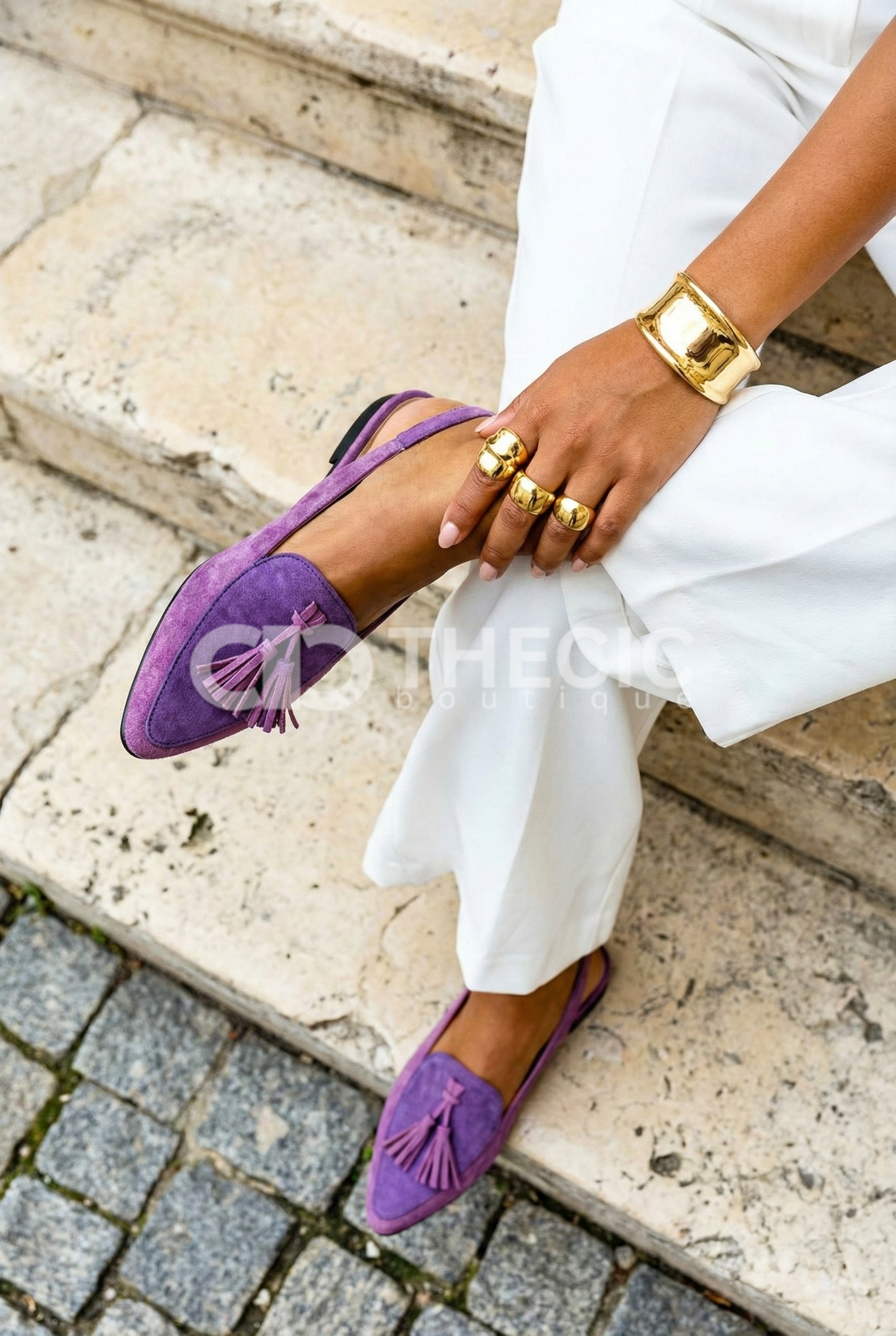 Suede Pointed-Toe Tassel Slingback Mules