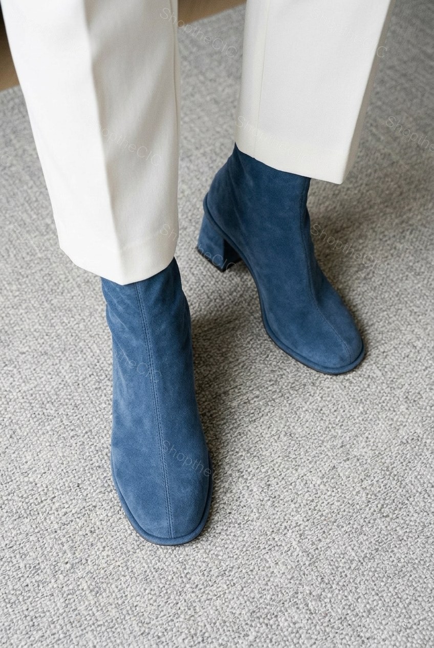 Suede Round-Toe Block Heel Sock Ankle Boots