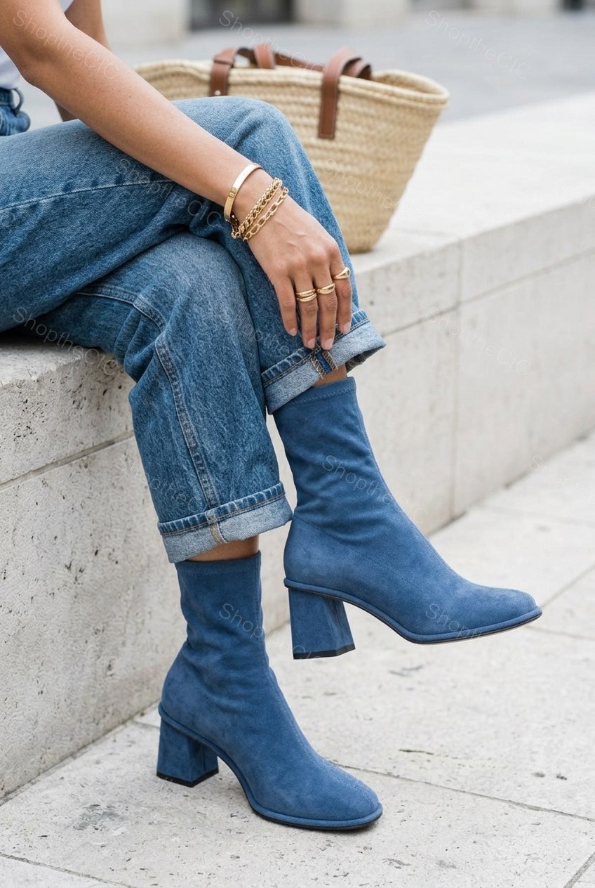 Suede Round-Toe Block Heel Sock Ankle Boots