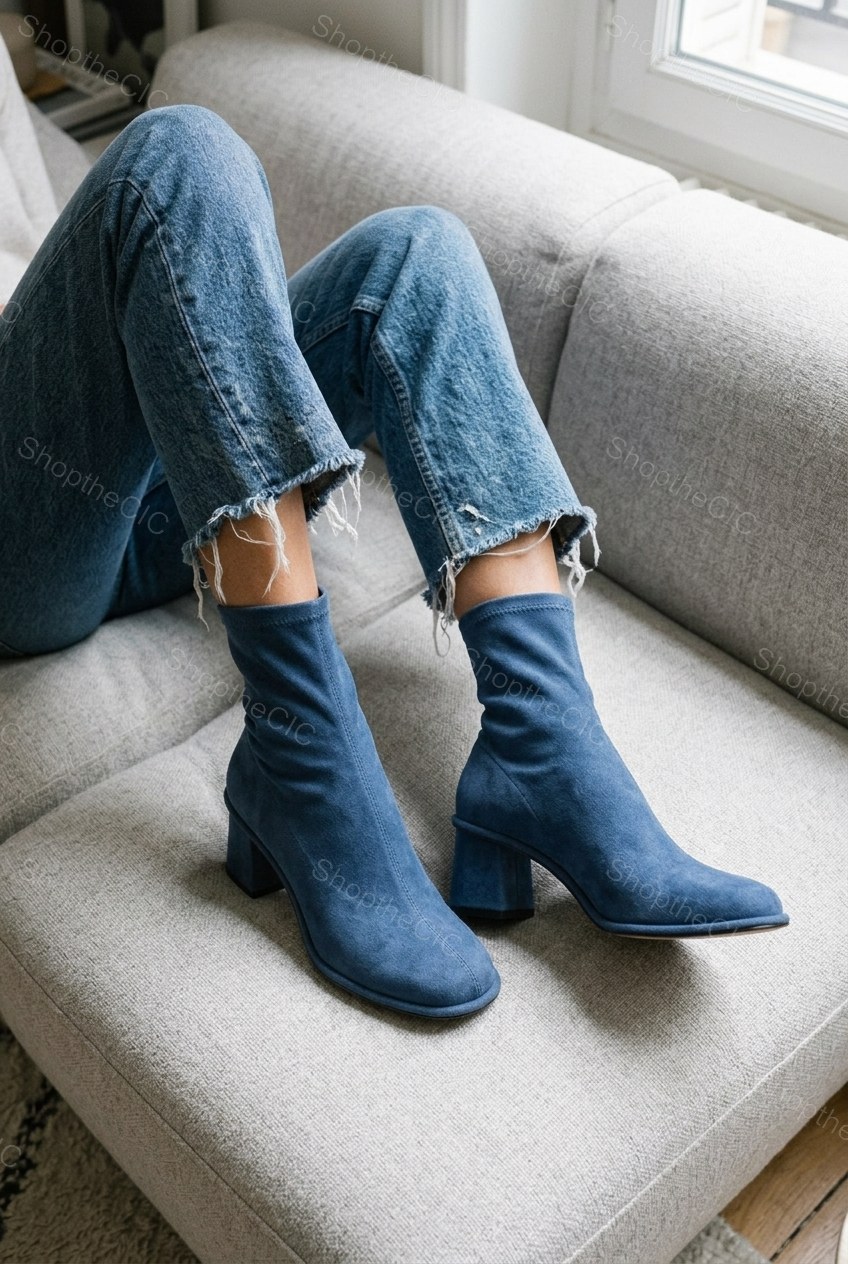 Suede Round-Toe Block Heel Sock Ankle Boots