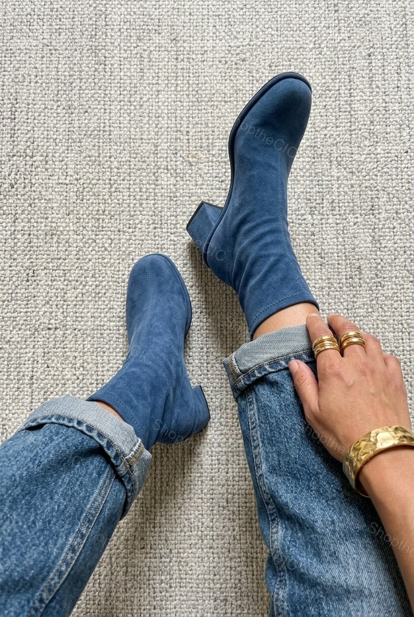 Suede Round-Toe Block Heel Sock Ankle Boots