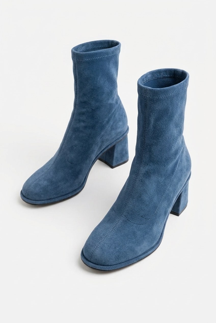 Suede Round-Toe Block Heel Sock Ankle Boots