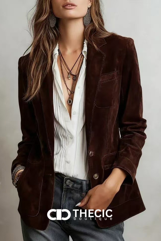 Suede Single-Breasted Notched Lapel Blazer