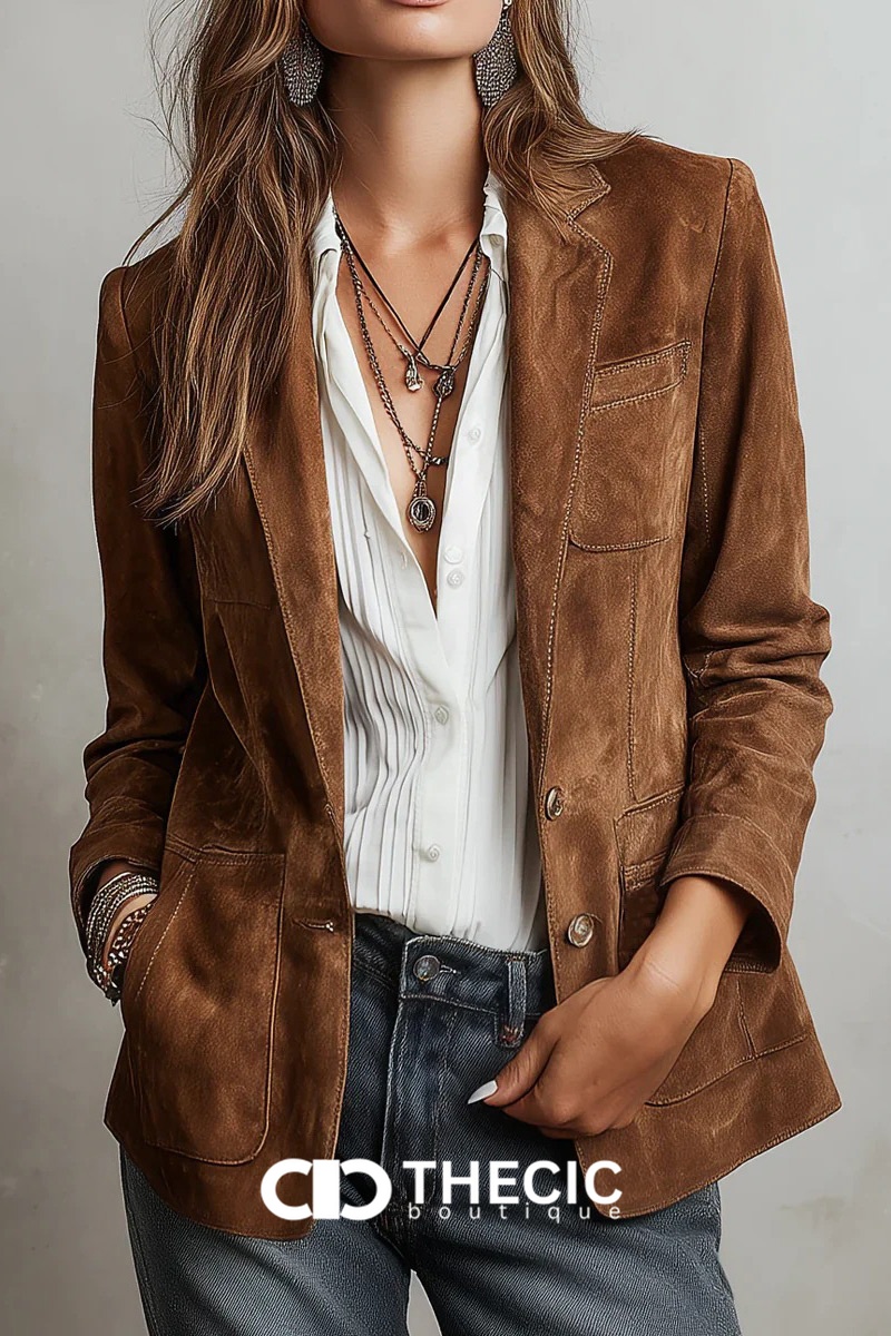 Suede Single-Breasted Notched Lapel Blazer