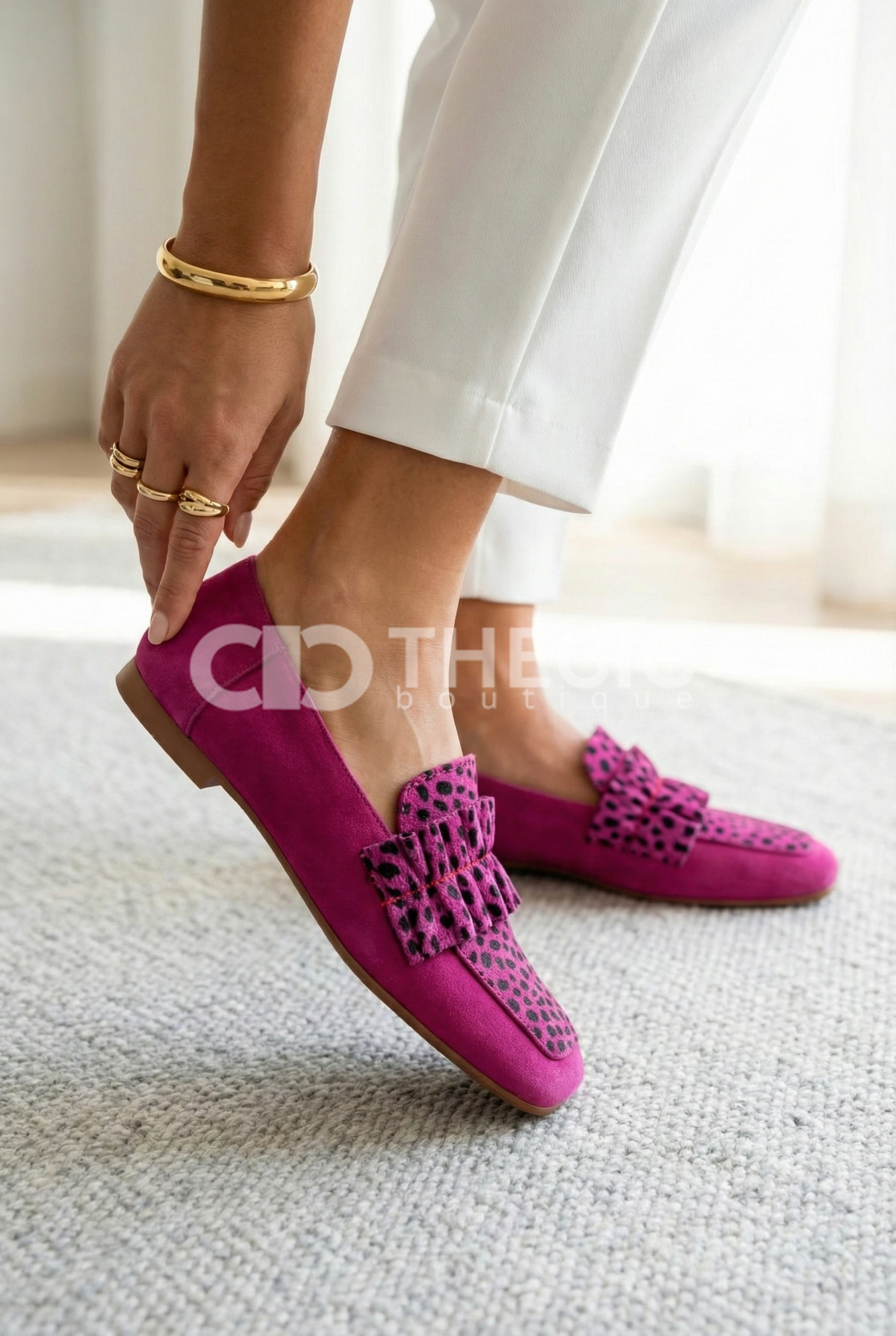 Suede Square-Toe Ruffled Leopard Print Loafers