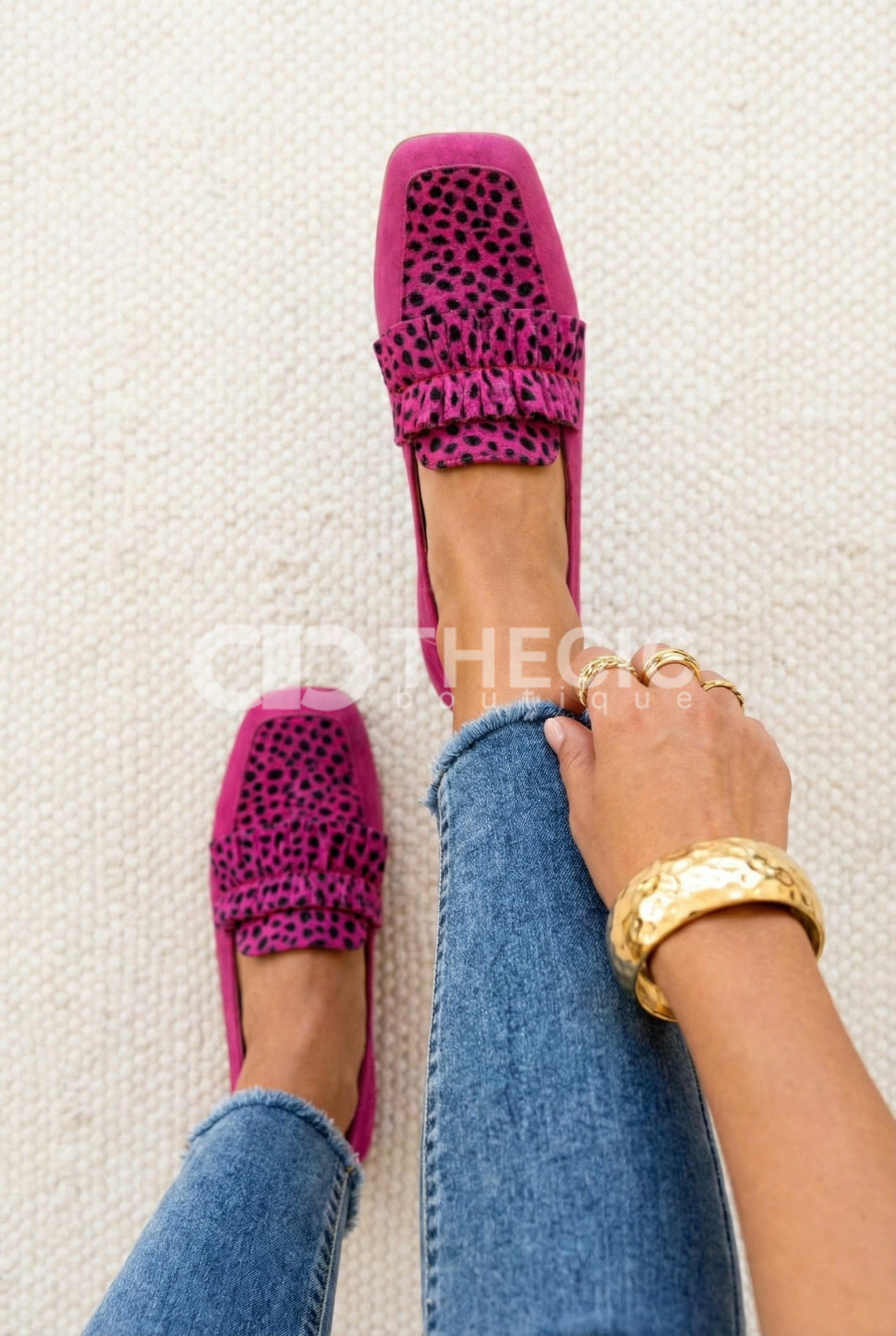 Suede Square-Toe Ruffled Leopard Print Loafers