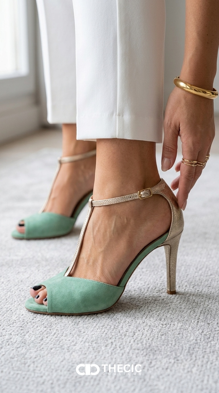 Suede T-Strap Open-Toe Block Heel Sandals