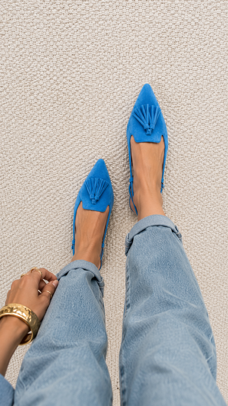 Suede Tassel Pointed-Toe Slingback Block Heel Pumps