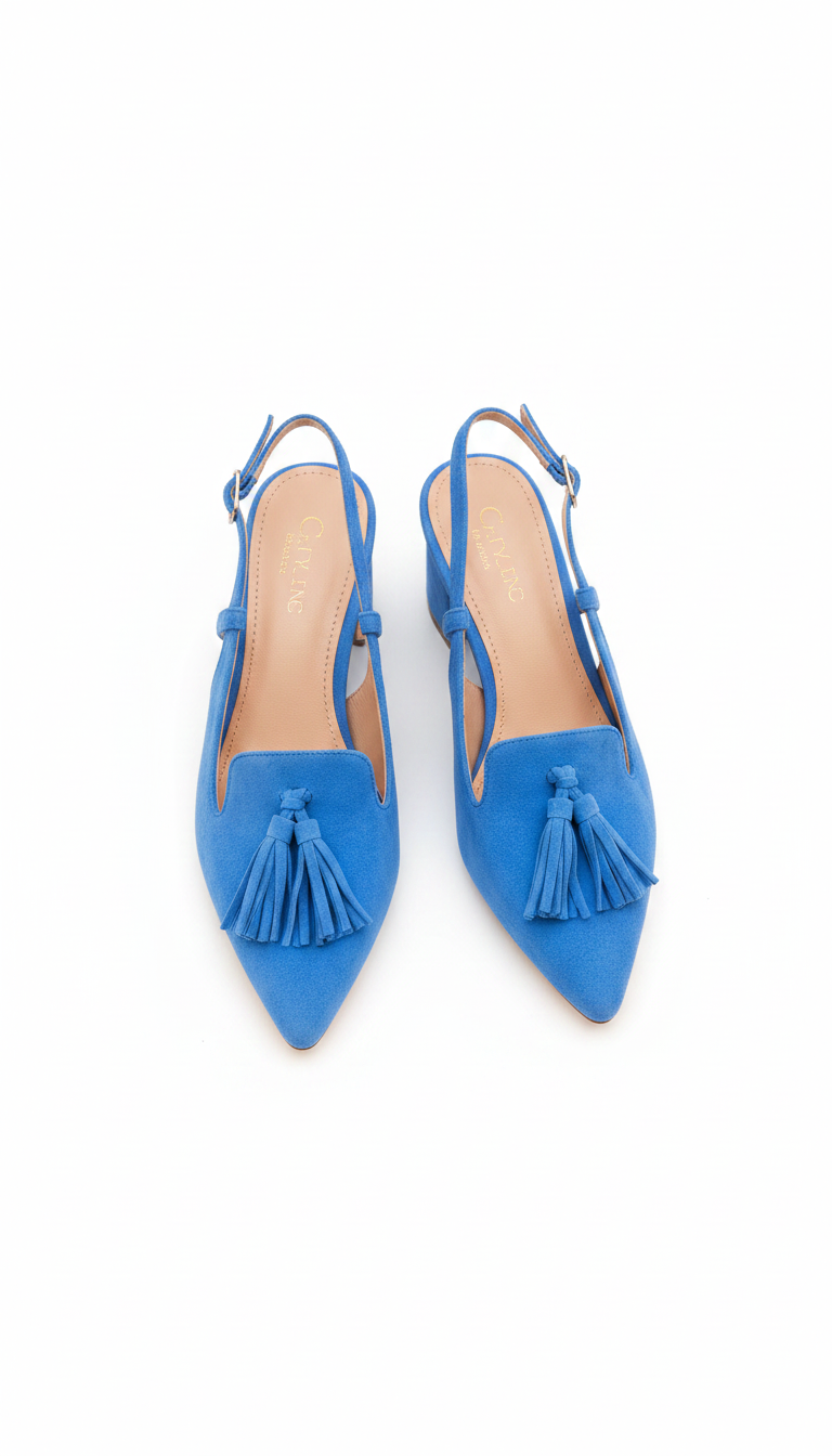 Suede Tassel Pointed-Toe Slingback Block Heel Pumps