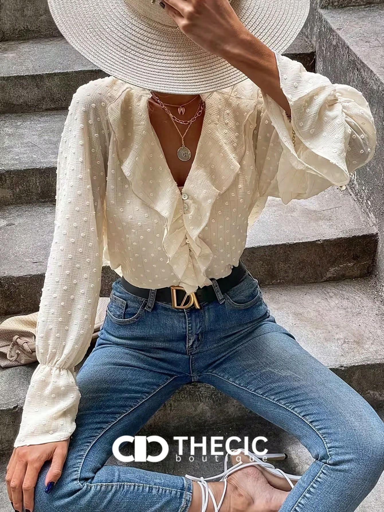 Swiss Dot Ruffle V-Neck Long Sleeve Blouse