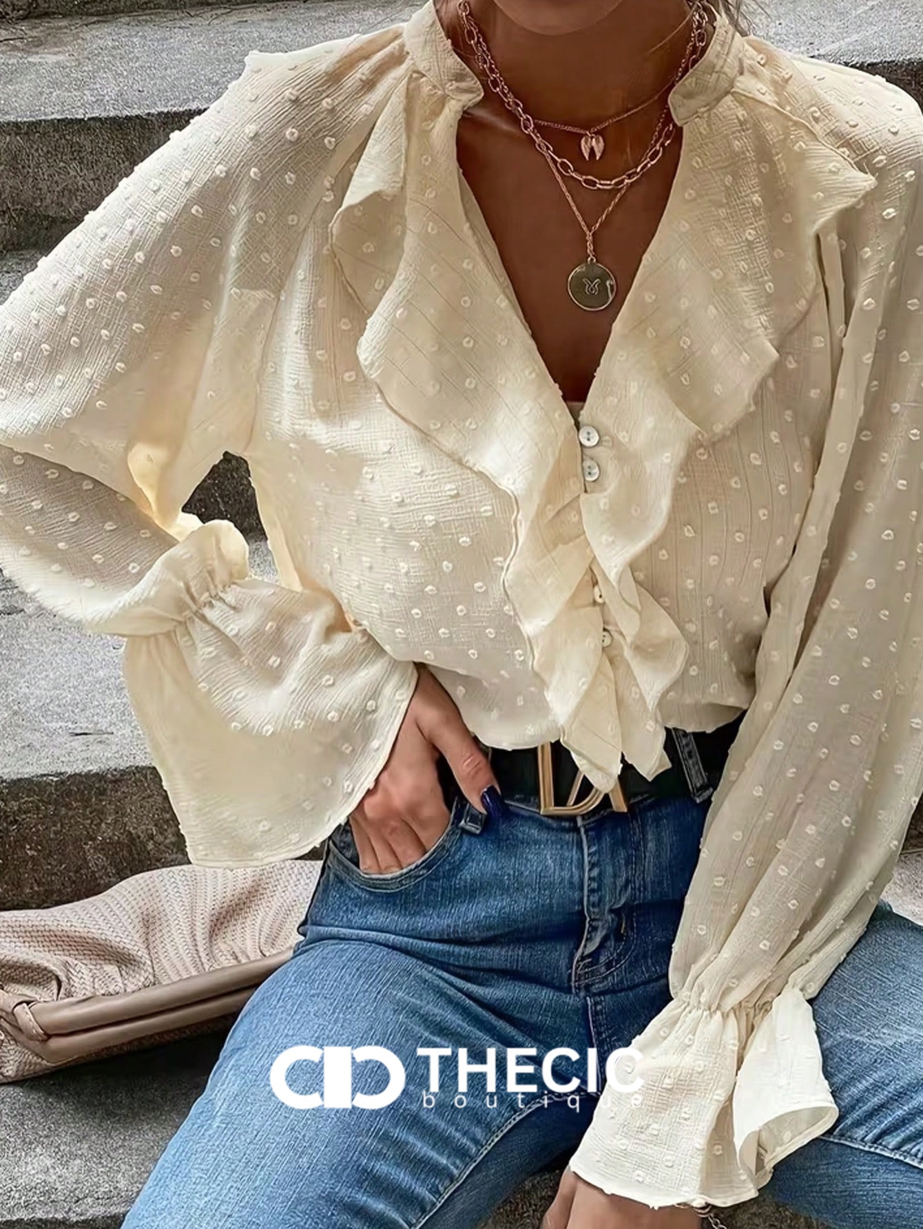 Swiss Dot Ruffle V-Neck Long Sleeve Blouse