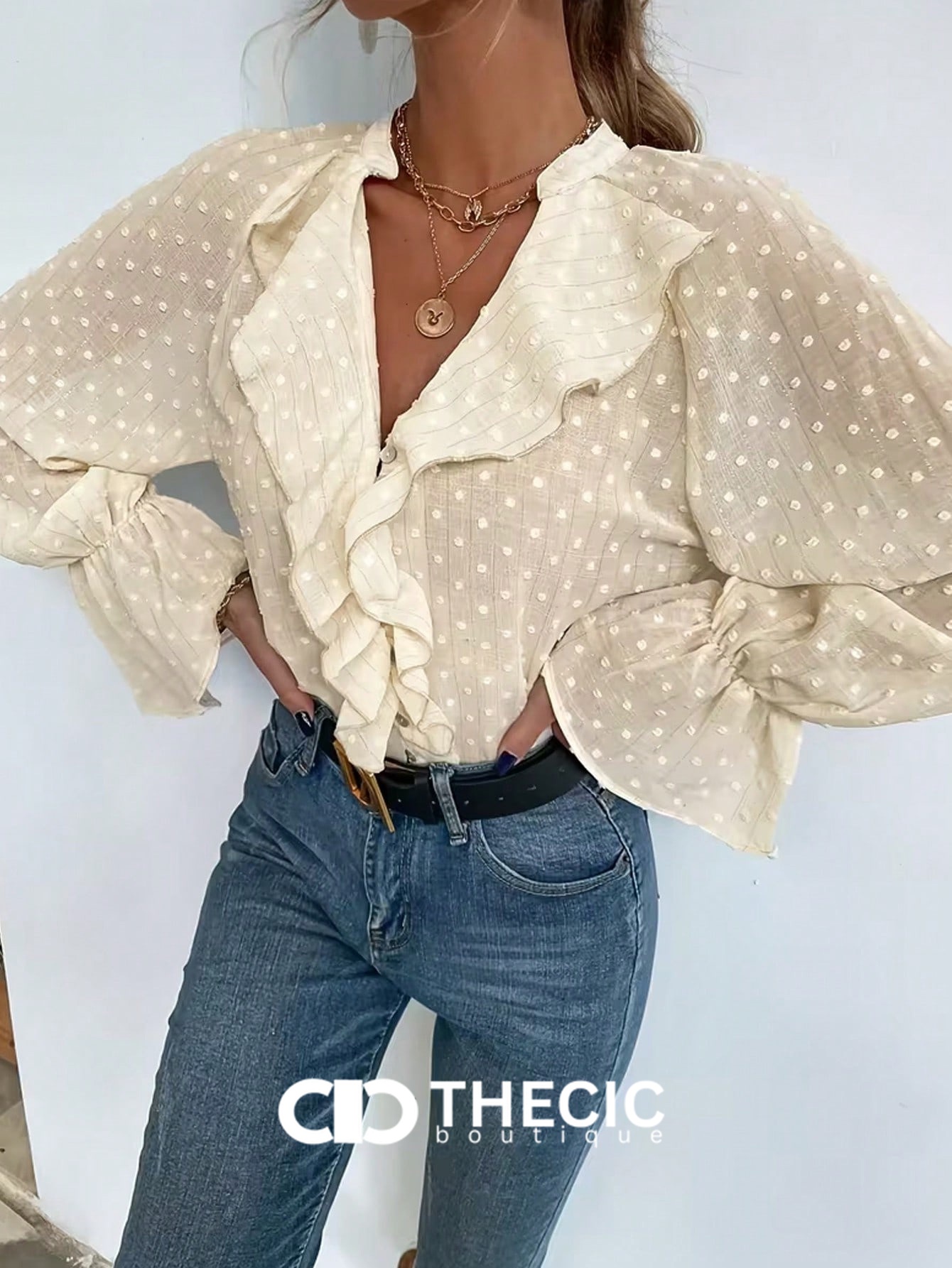 Swiss Dot Ruffle V-Neck Long Sleeve Blouse
