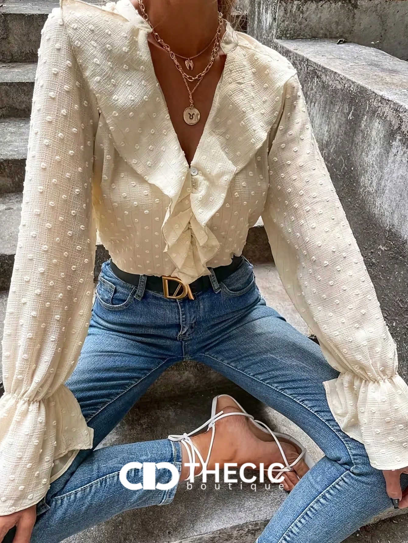 Swiss Dot Ruffle V-Neck Long Sleeve Blouse