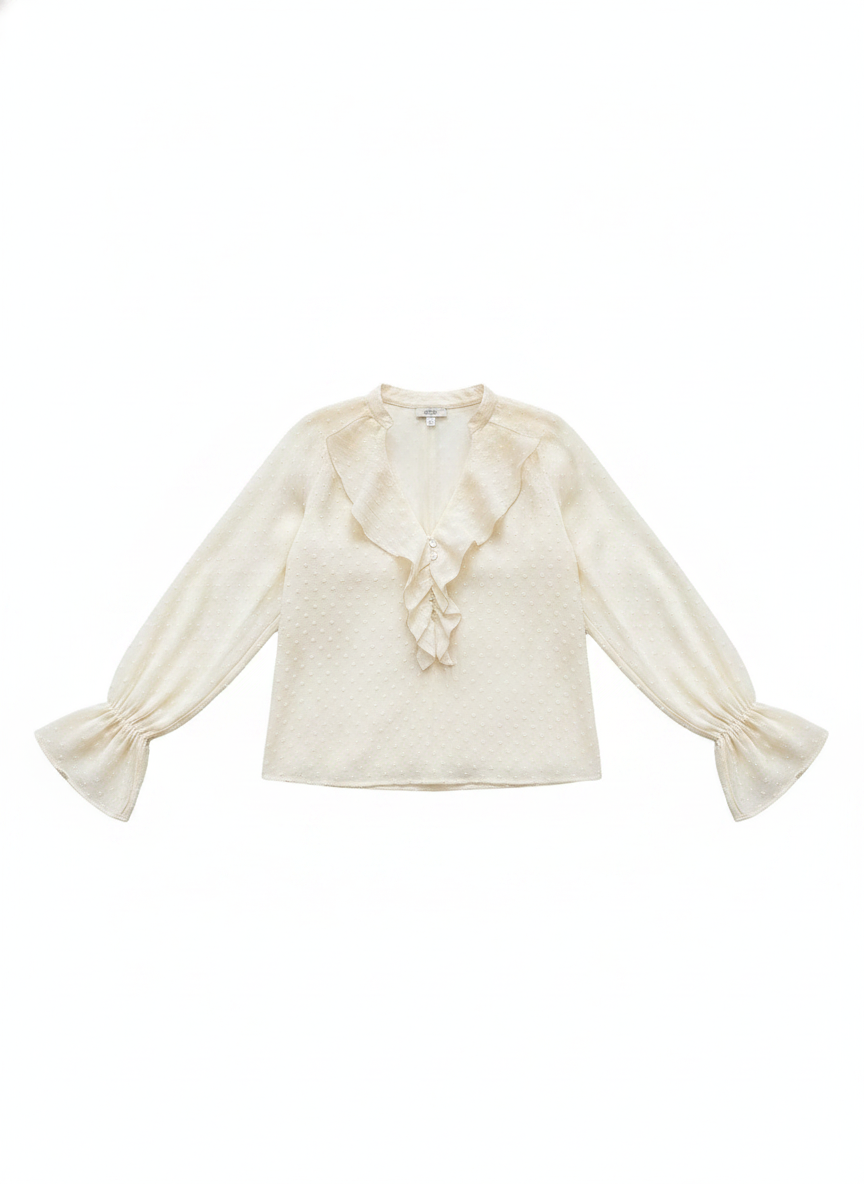 Swiss Dot Ruffle V-Neck Long Sleeve Blouse