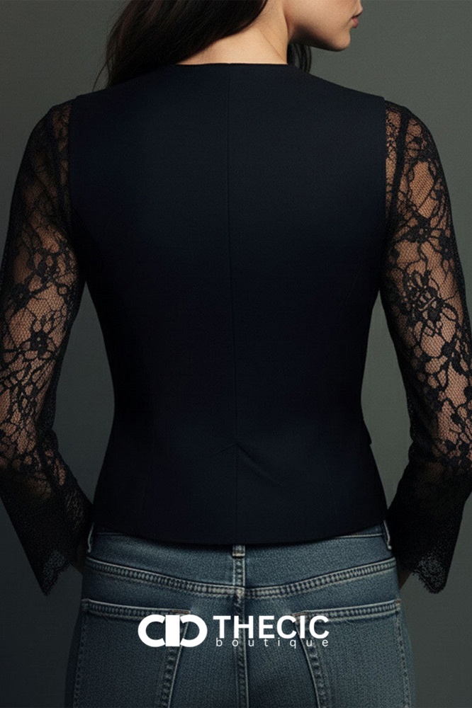 Tailored Button-Front Vest Sheer Lace Sleeve Top