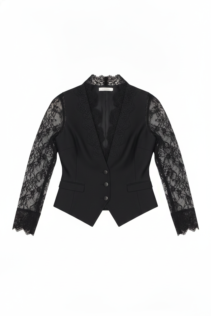 Tailored Button-Front Vest Sheer Lace Sleeve Top