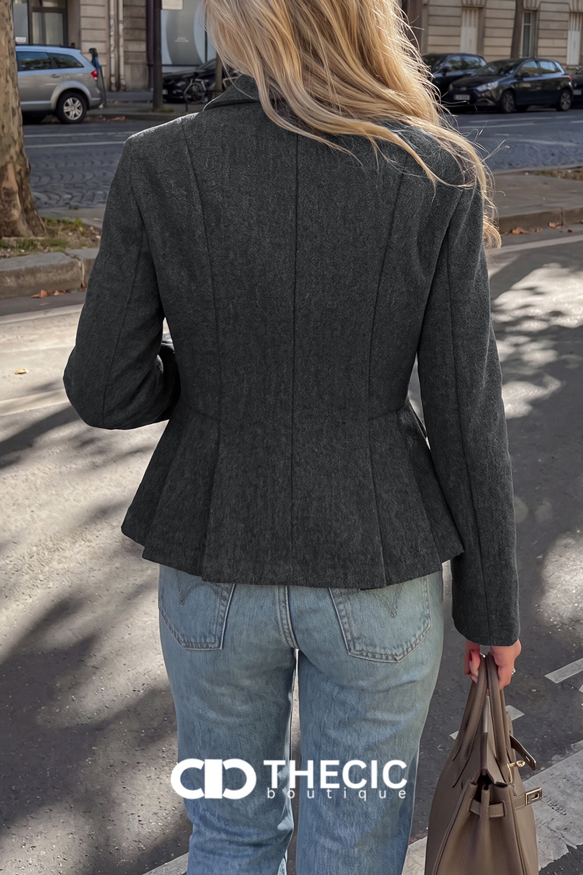 Tailored Double-Breasted Pleated Peplum Blazer