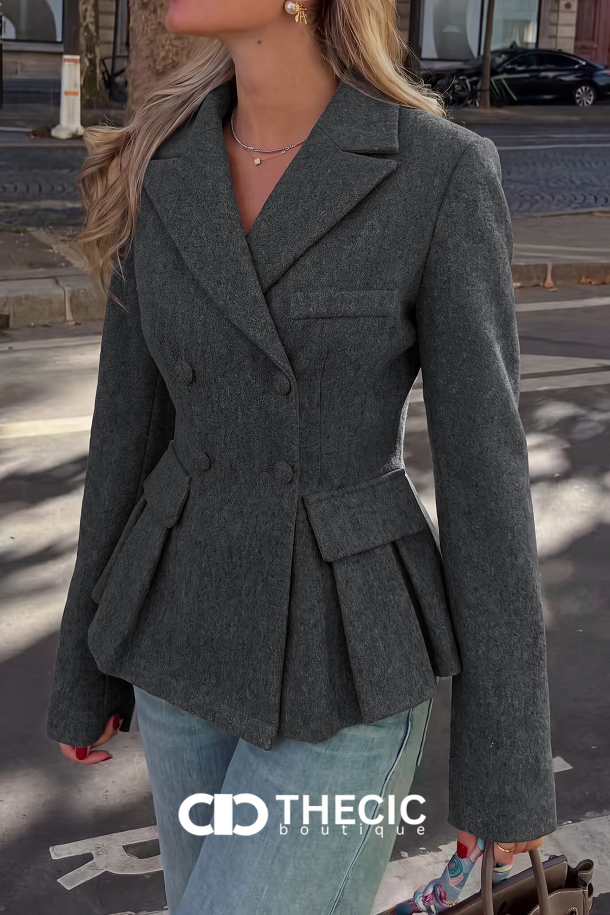Tailored Double-Breasted Pleated Peplum Blazer