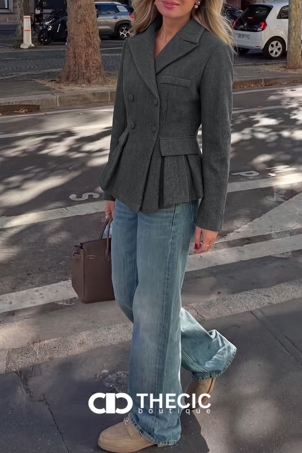 Tailored Double-Breasted Pleated Peplum Blazer