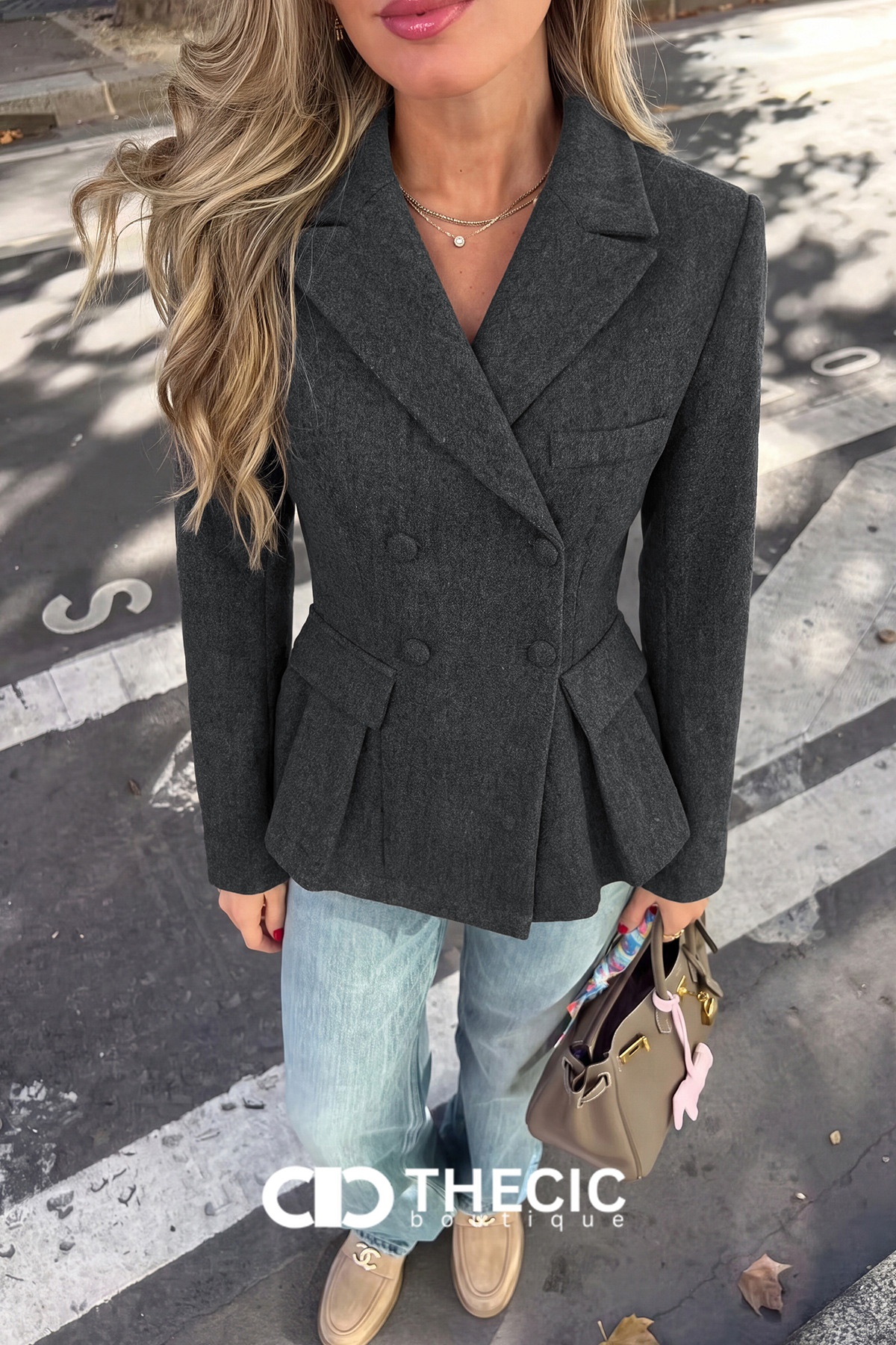 Tailored Double-Breasted Pleated Peplum Blazer