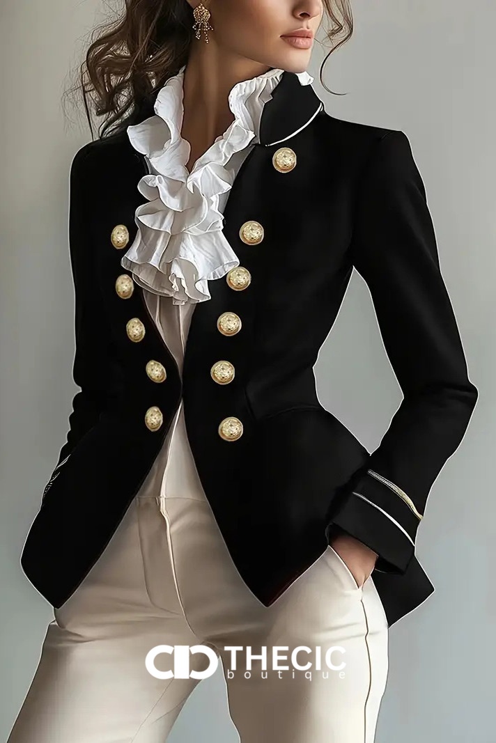 Tailored Gold Button Military Style Blazer