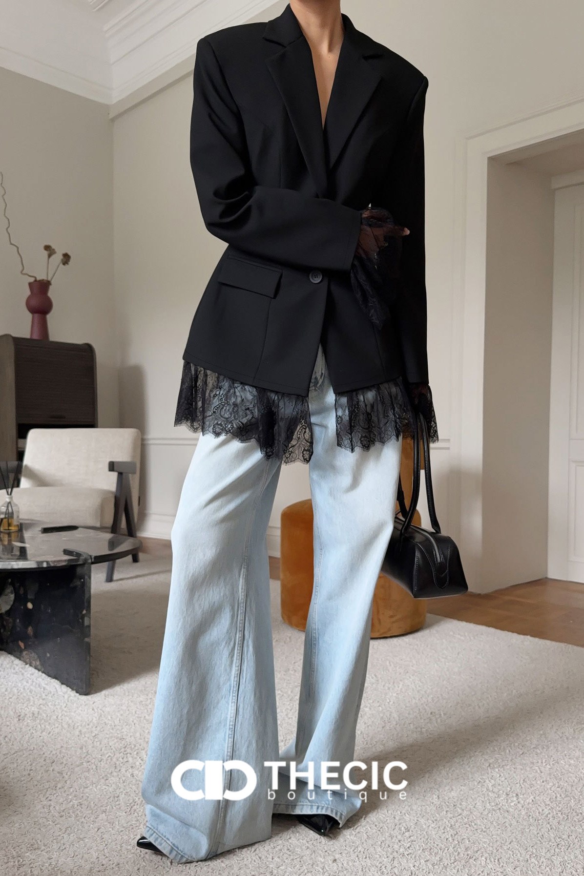 Tailored Structured Shoulder Lace-Trim Peplum Blazer