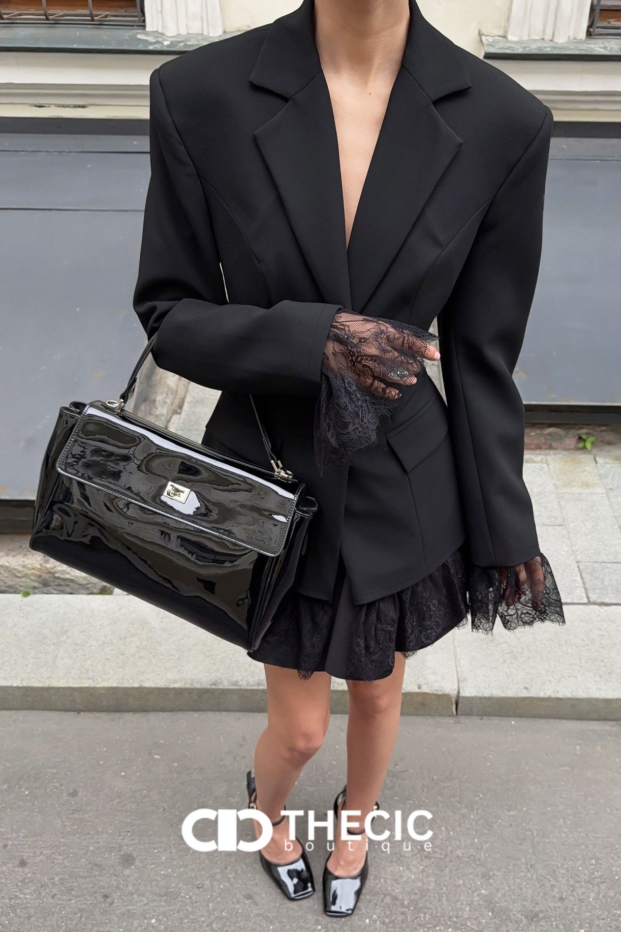 Tailored Structured Shoulder Lace-Trim Peplum Blazer