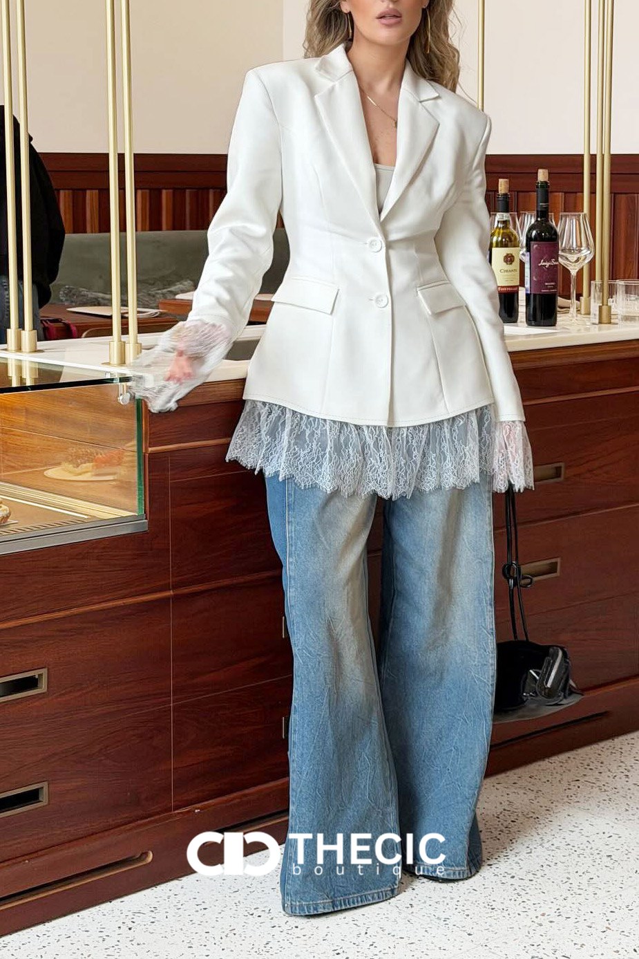 Tailored Structured Shoulder Lace-Trim Peplum Blazer
