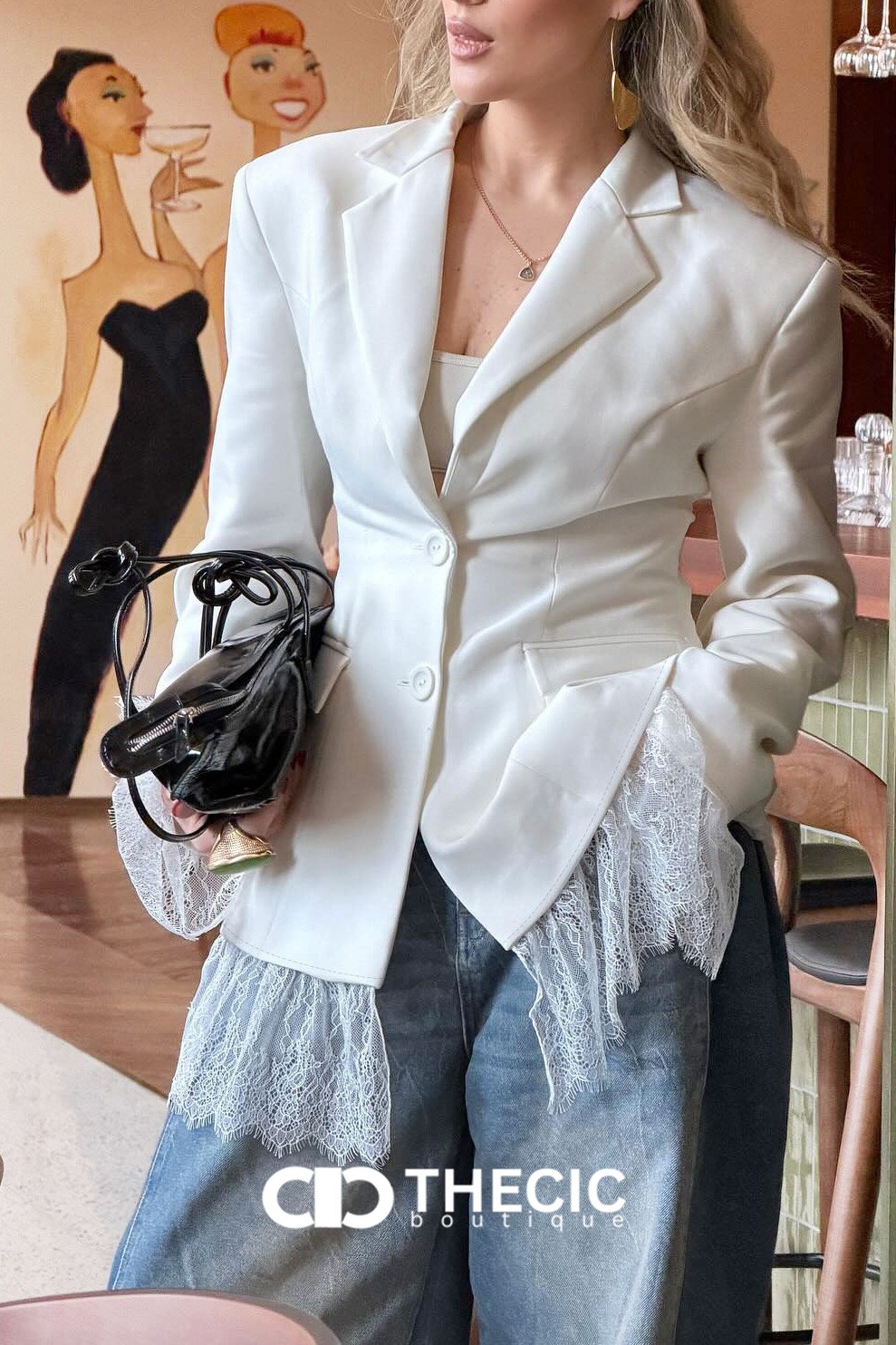 Tailored Structured Shoulder Lace-Trim Peplum Blazer