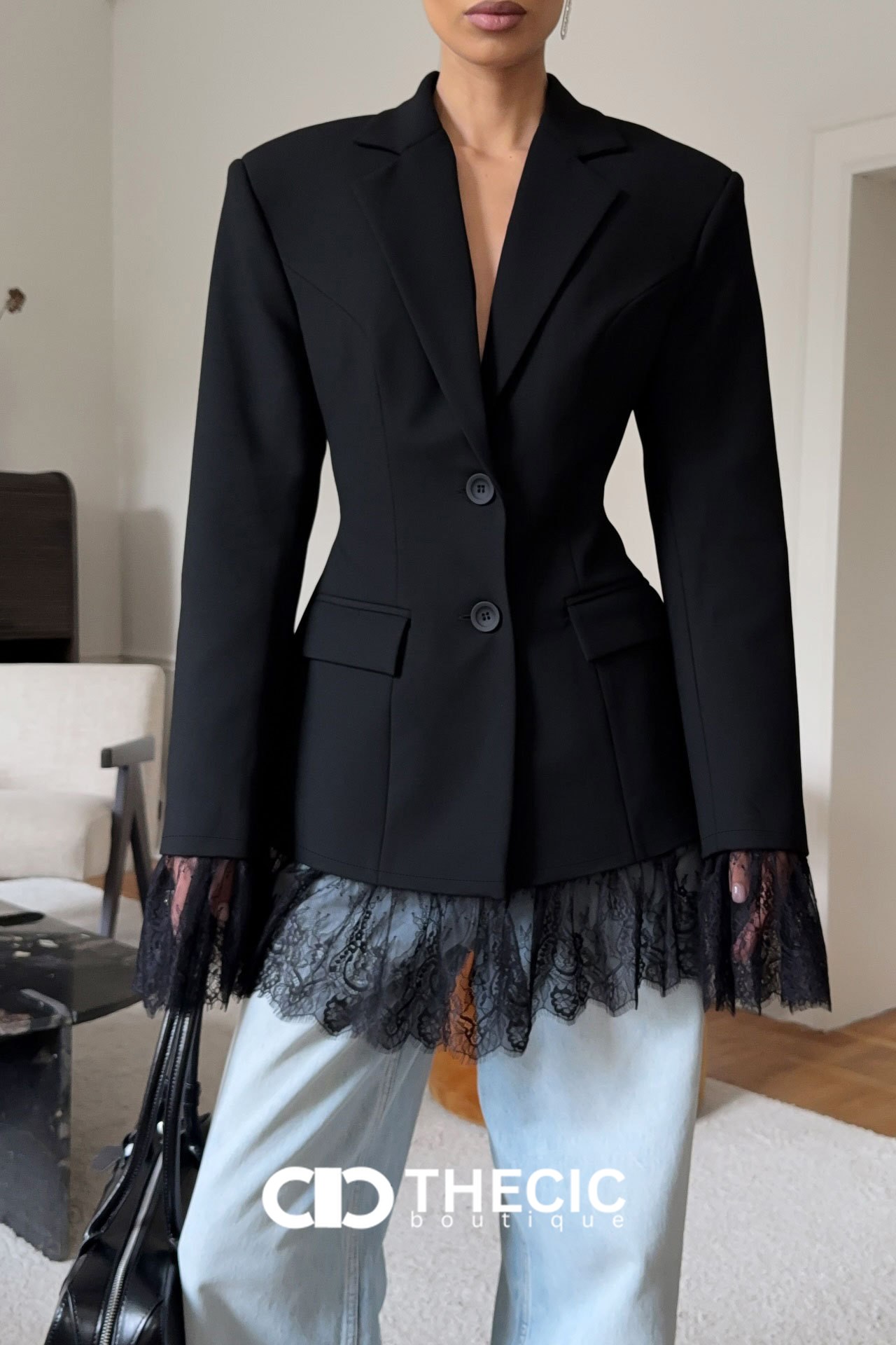 Tailored Structured Shoulder Lace-Trim Peplum Blazer