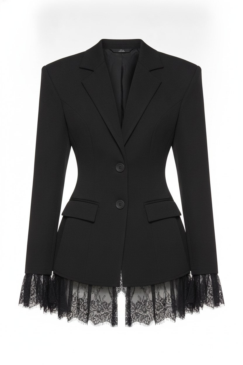 Tailored Structured Shoulder Lace-Trim Peplum Blazer